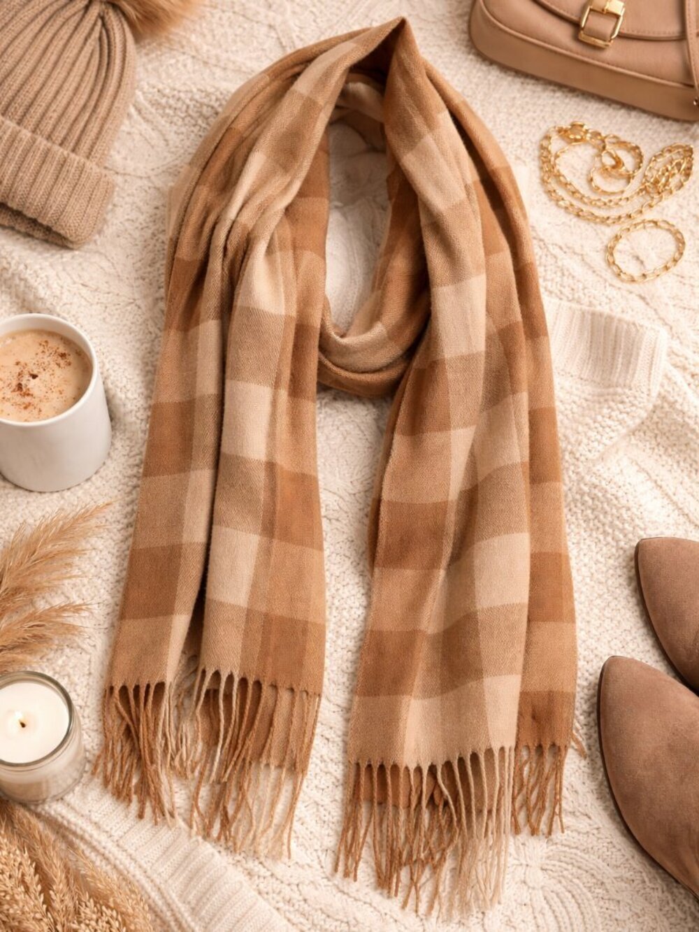 Shiraleah Camel Check Plaid Oversized Scarf Fringe Wrap